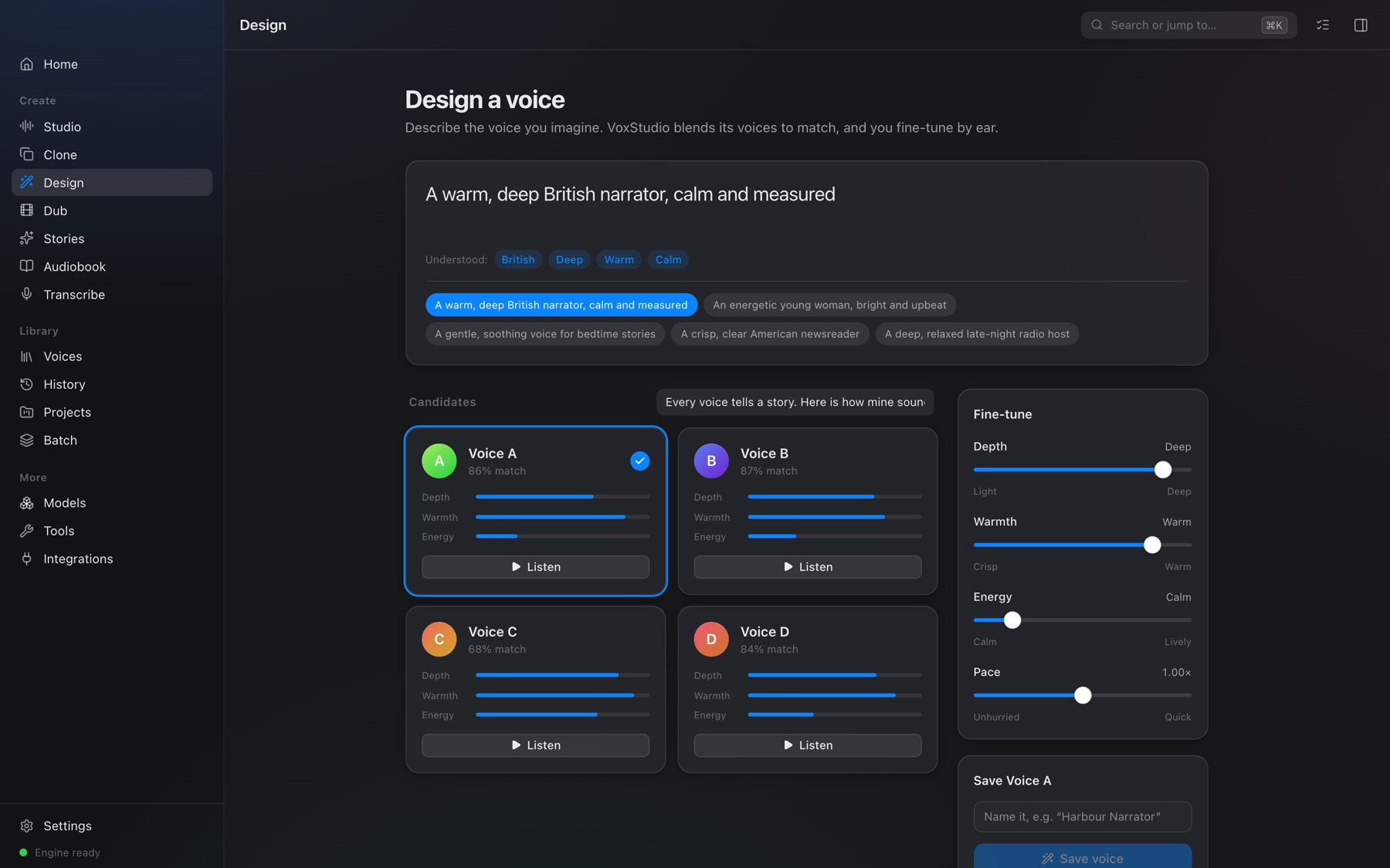 Voice design with description, candidates and fine-tune sliders