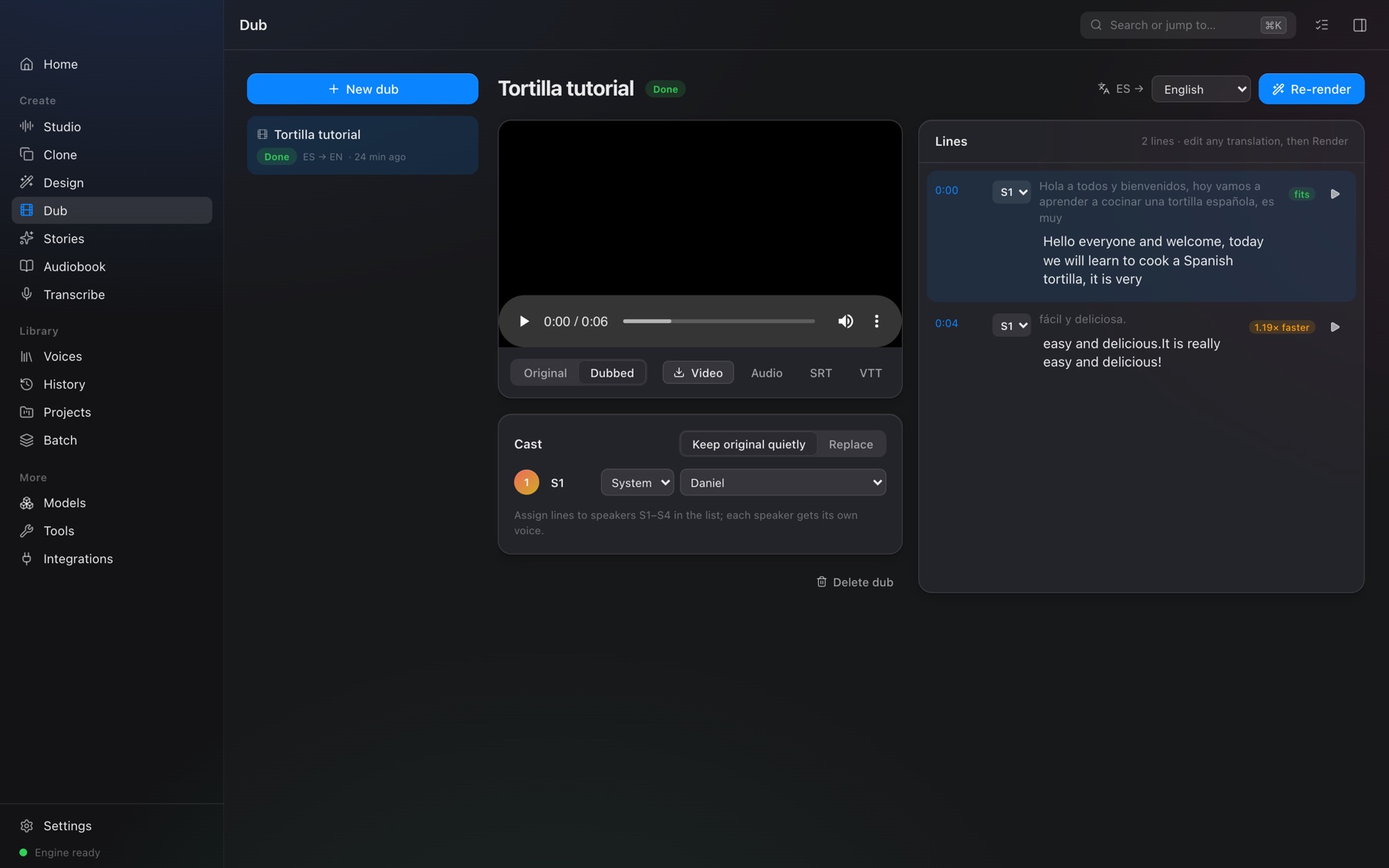 Dub editor with video player, cast and translated lines