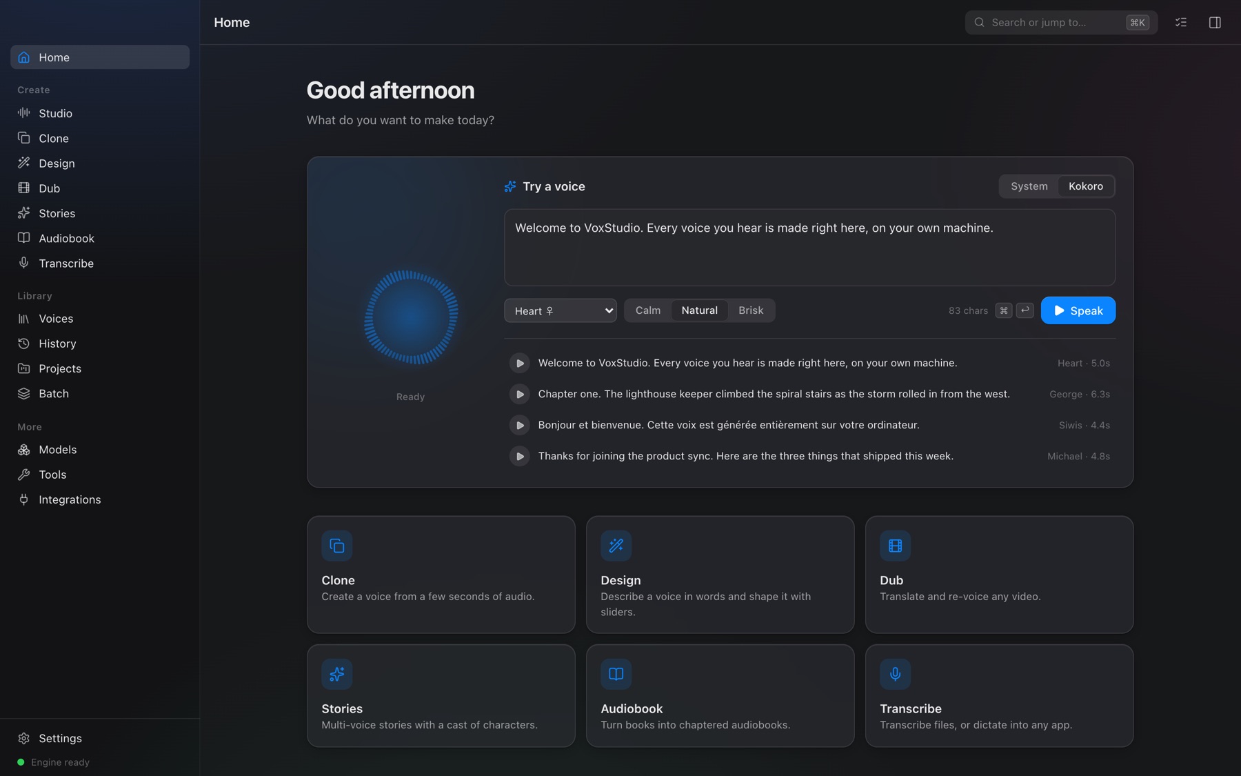 VoxStudio home screen with the voice orb and quick speech card