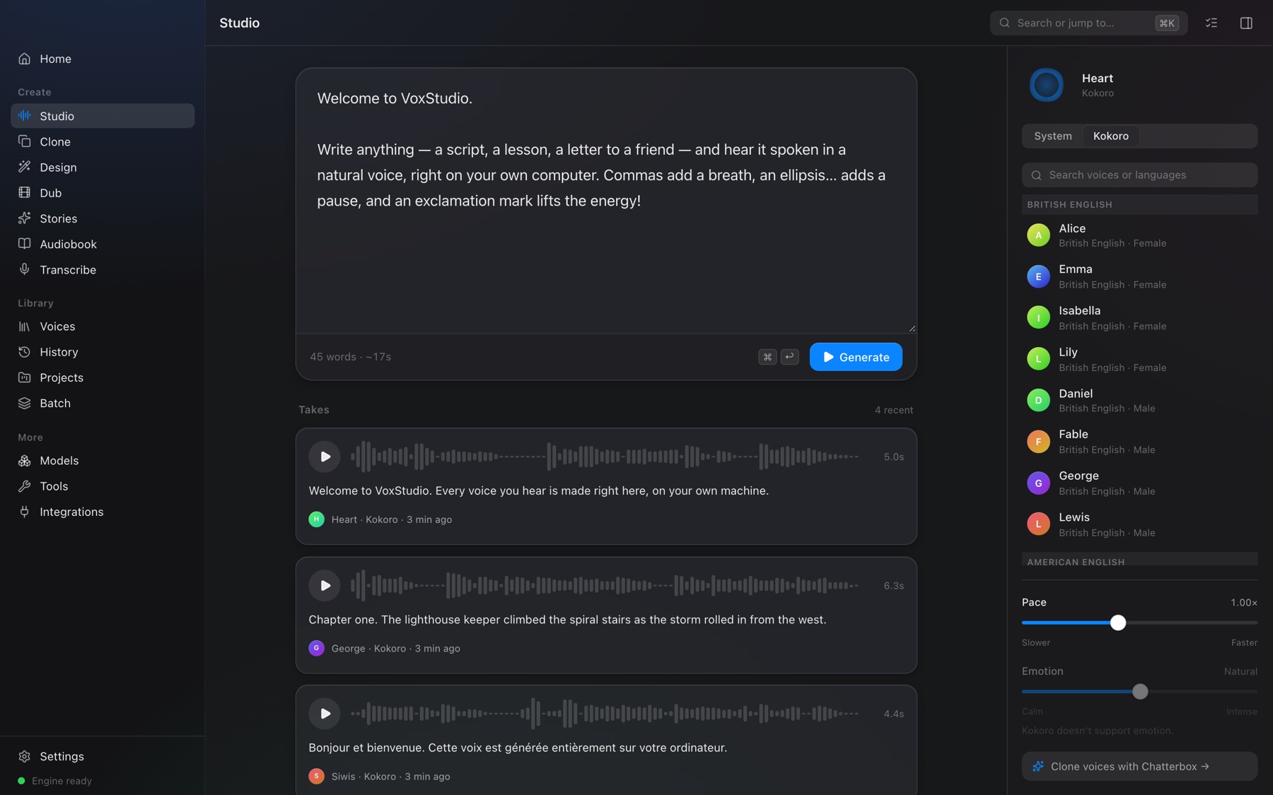 Studio with script editor, takes and voice picker